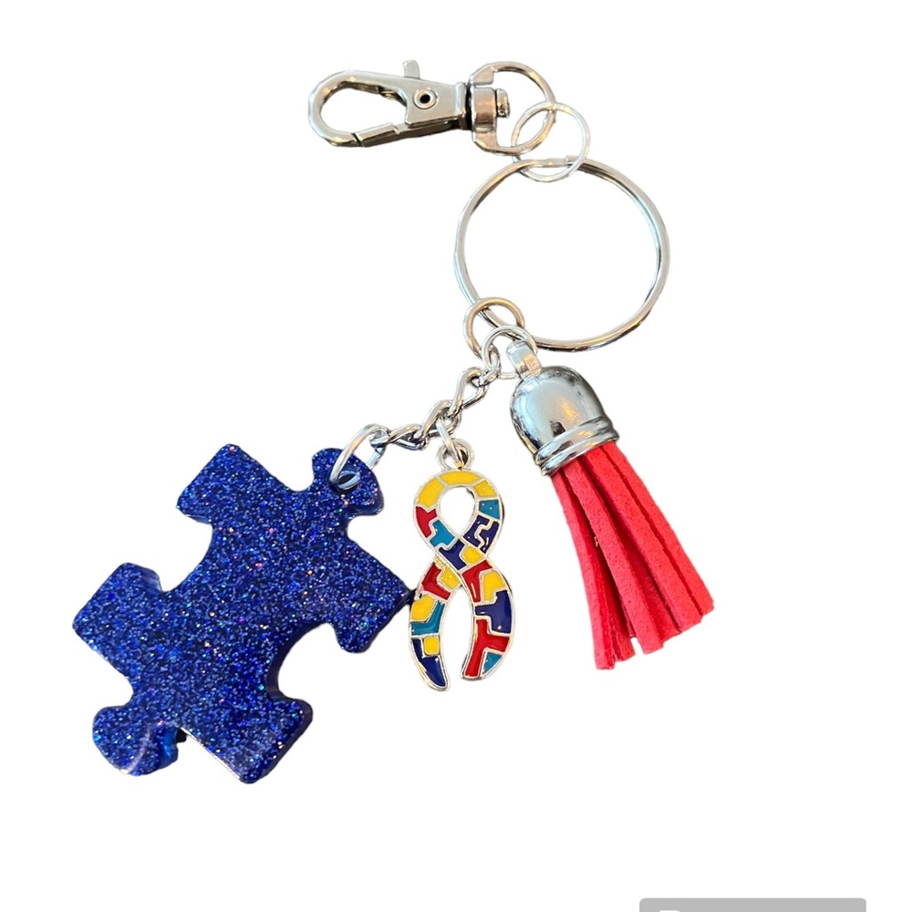 NEW Handmade Autism Awareness  Keychain/Bagcharm with Glittery Blue Puzzle Charm